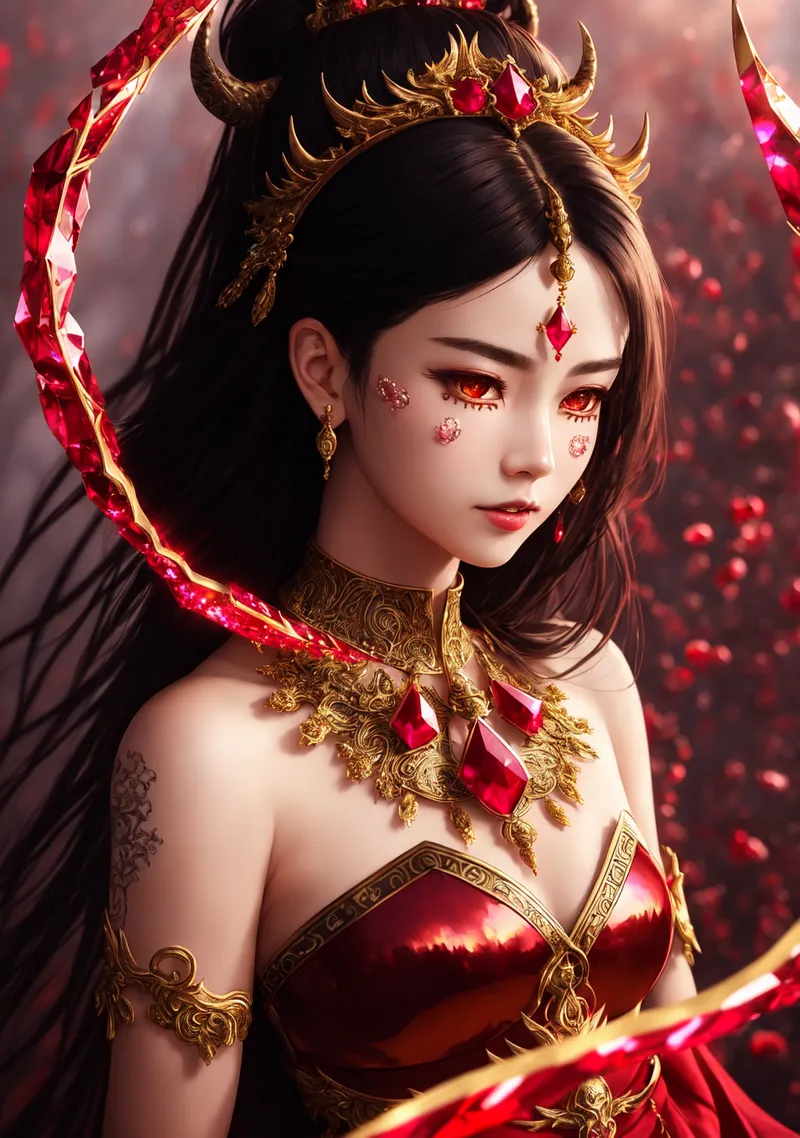 黒髪を優雅にまとめ、金色の装飾品と紅い宝石で身を飾った神秘的な人物像です。幻想的な赤い光が背景に漂い、古典的で高貴な雰囲気を演出しています。