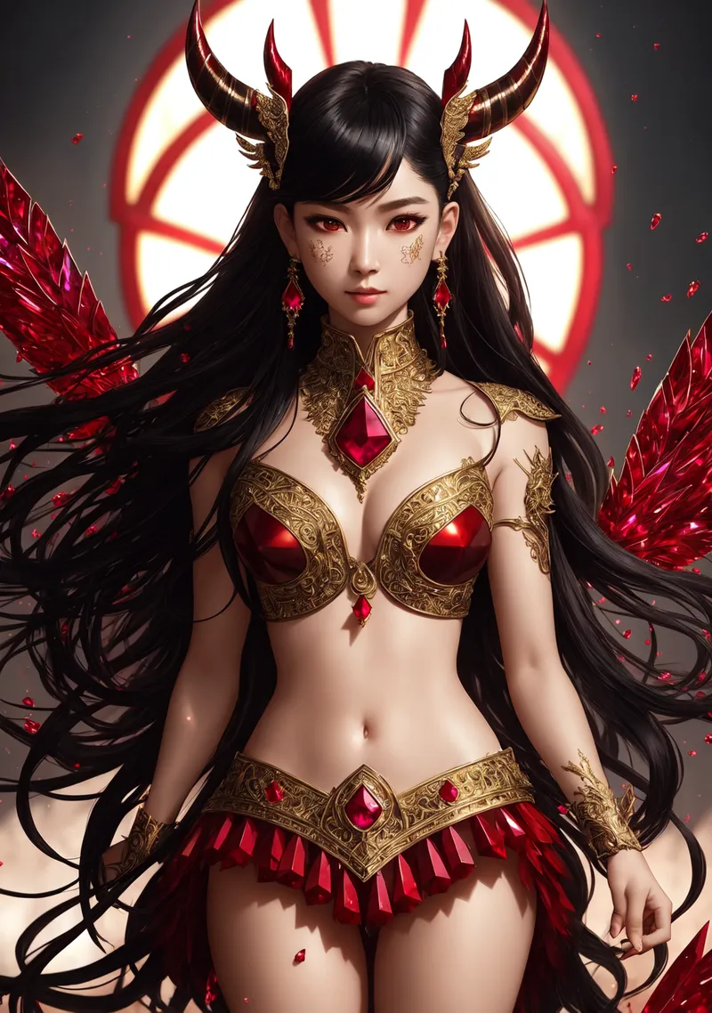 漆黒の長髪に赤い角を生やし、金色の装飾が施された衣装に身を包んだ魔女のポートレート。発光する背景と舞い散る赤い光の粒が、神秘的で豪華な世界観を表現しています。