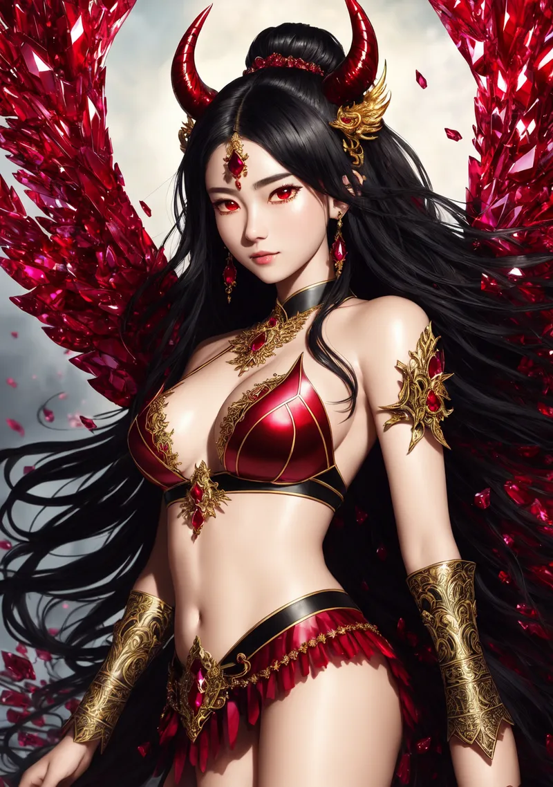 黒髪を高く束ねた美少女が、鮮烈な赤い瞳で静かに微笑む。緋色に輝く大きな翼と金装飾の衣裳が、神秘的で威厳あふれる世界観を演出しています。