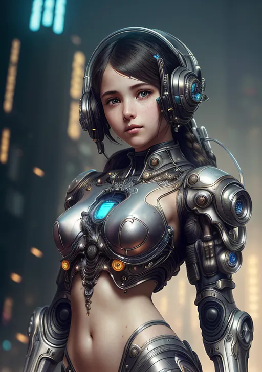 サイバーパンク世界観の美少女が、複雑な機械仕掛けのアーマーと高性能ヘッドフォンを装備した姿を描いたイラスト。夜景の都市背景に浮かぶ青と橙色の発光部品が、近未来的な雰囲気を演出しています。真摯な表情とメタリック素材の融合が印象的な作品です。