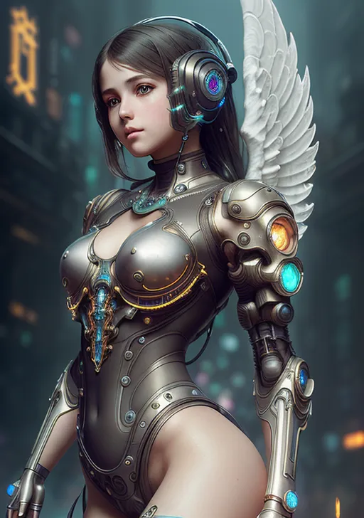 黒髪にハイテク風ヘッドセットを装着した美少女が、光る翼と金属装甲に身を包み、夜景の中で佇んでいます。青と黄金に輝くデジタル要素が、近未来的な世界観を演出しています。