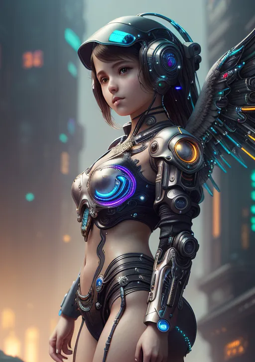 未来都市を背景に、発光するアーマーで身を包んだ美少女が凛とした表情で佇んでいます。頭部のハイテク装備と胸部の青く輝くユニットが、高度な機械化された世界観を表現した幻想的なポートレート作品です。