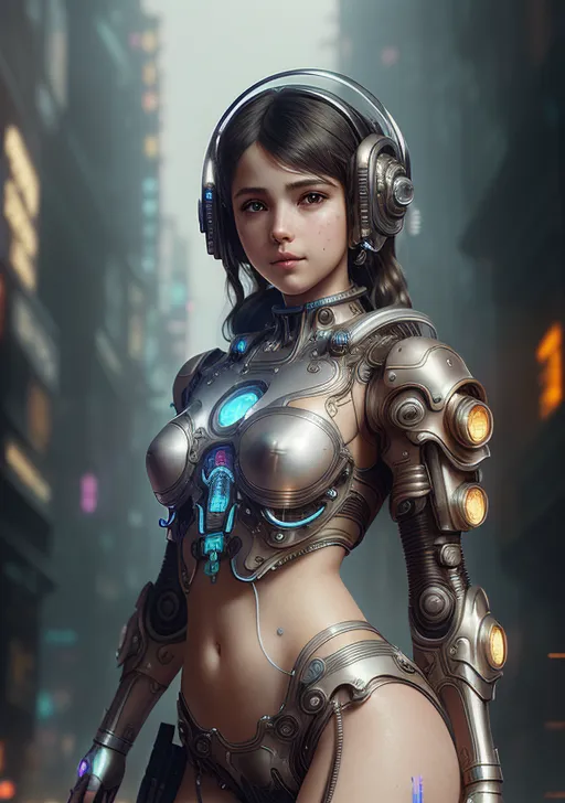 銀色のメタリックアーマーと青く光るヘッドフォンを装備した近未来的な少女が、高層ビル群の夜景を背景に佇んでいます。冷静な表情とテクノロジー感溢れる装甲デザインが特徴です。