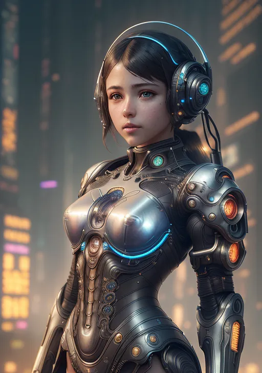近未来的なハイテク装甲を身に纏い、ヘッドフォン型のデバイスを装着した少女のポートレート。青く発光する機械パーツと暖色の夜景が織りなす、儚げで幻想的なサイバーパンク世界観です。