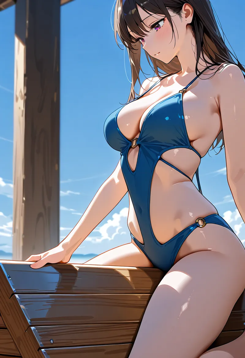 澄み渡る青空を背景に、木製のデッキで微笑む美少女のアニメ調イラスト。紫色の瞳と黒髪が印象的で、夏らしい爽やかな雰囲気が漂う作品です。