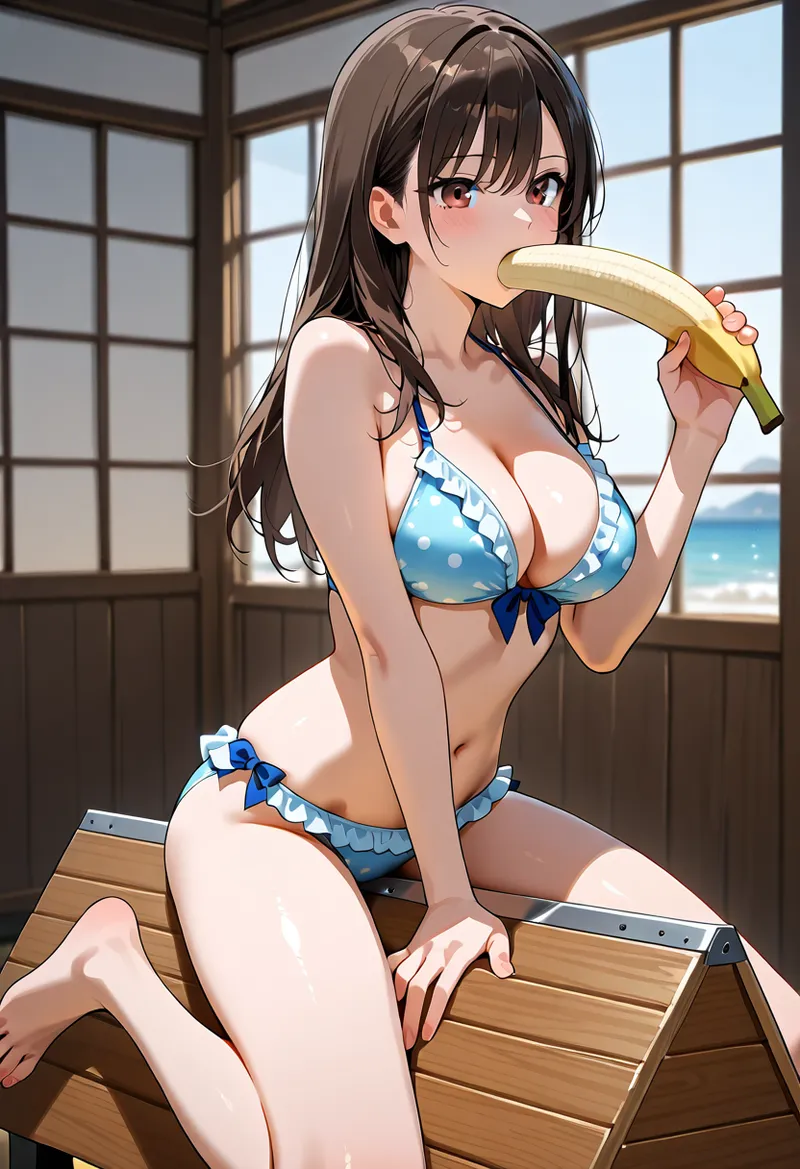 大きな窓から海が見える和風の部屋で、明るい表情を浮かべる美少女のイラスト。バナナを手に優しい雰囲気を醸し出す、爽やかなアニメ調のポートレート作品です。