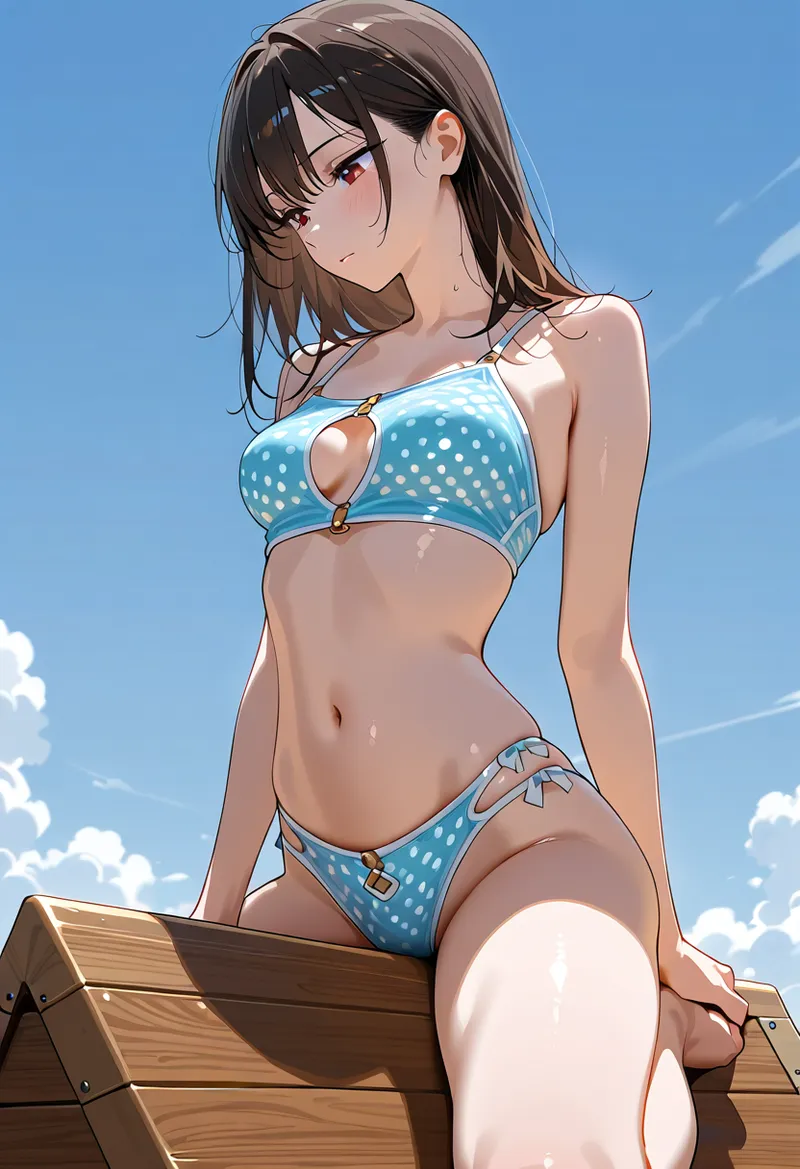 水色のドット柄デザイン衣装に身を包んだ少女が、澄んだ青空と白い雲に包まれた屋外でポーズしています。横向きの優雅な視線と柔らかい表情が印象的なアニメ調イラストです。