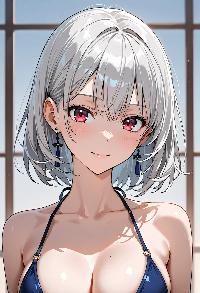 淡い銀髪のショートボブヘアと鮮やかなピンク色の瞳が印象的な美少女イラスト。窓からの光が優しく差し込む室内で、柔らかな笑顔を浮かべるアニメ調のキャラクター作品です。