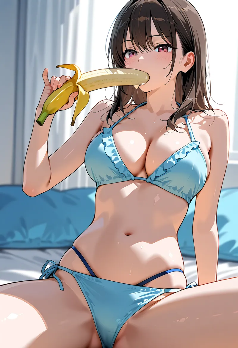 明るい室内で青いビキニ水着を身に着け、バナナを持って楽しげに笑う美少女のアニメ調イラスト。自然光が肌に優しく当たり、夏らしい爽やかな雰囲気が表現されています。