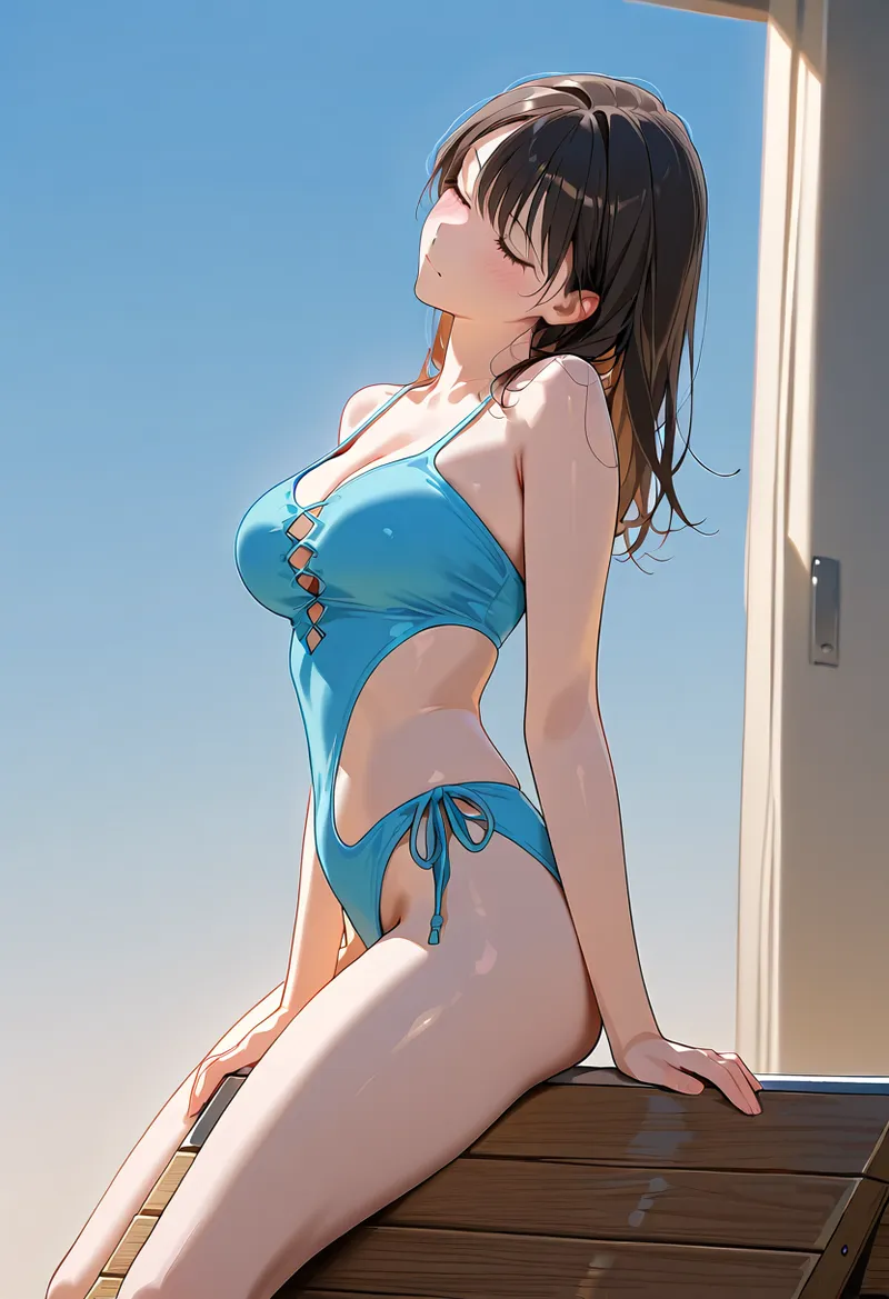 爽やかな青空を背景に、黒髪がなびく美少女が水着姿でウィンドウ越しのショットに映る。日中の明るい光と清涼感あふれるアニメ調イラストです。