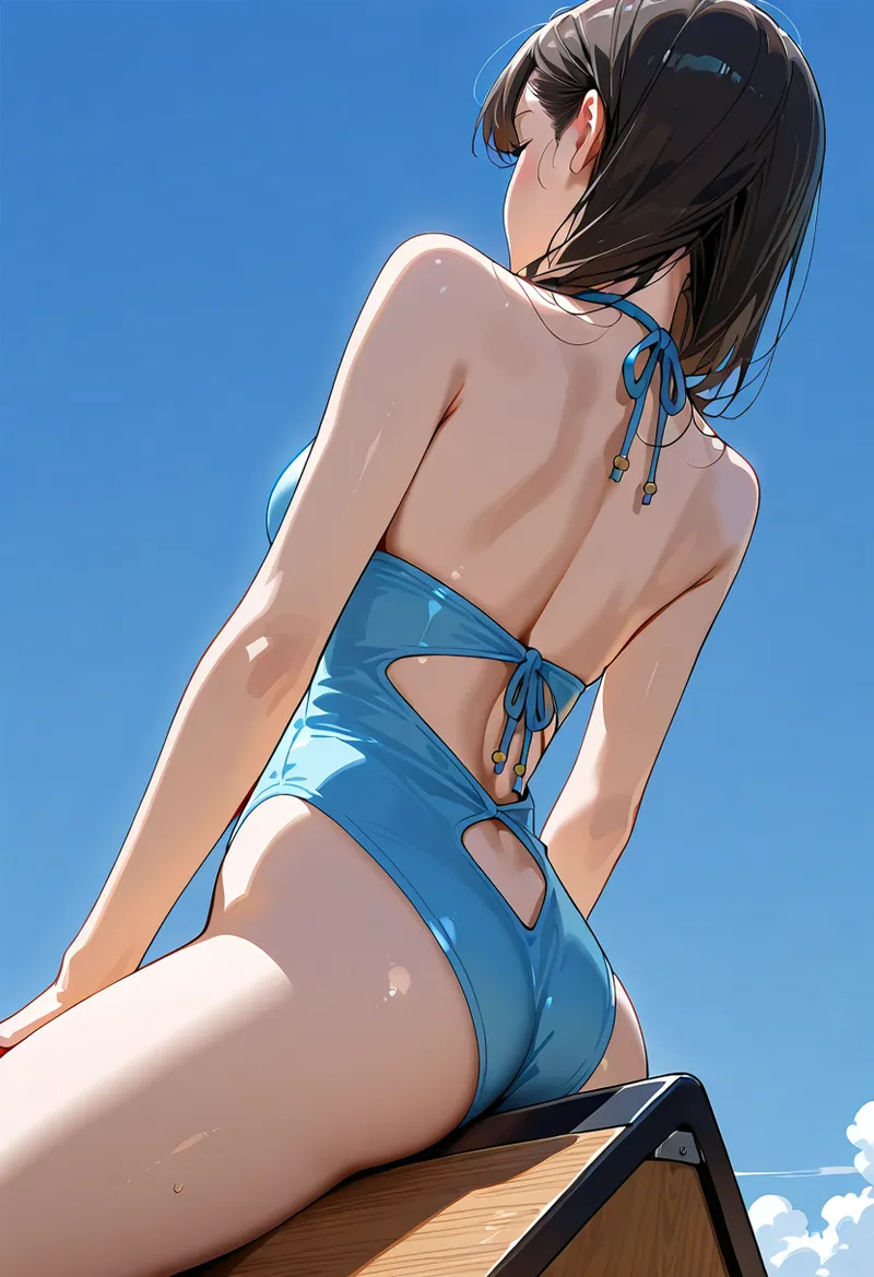 青い晴天を背景に、黒髪の少女がポーズをとるイラストです。爽やかな色合いと光の表現で、夏の野外撮影シーンを表現した作品になっています。