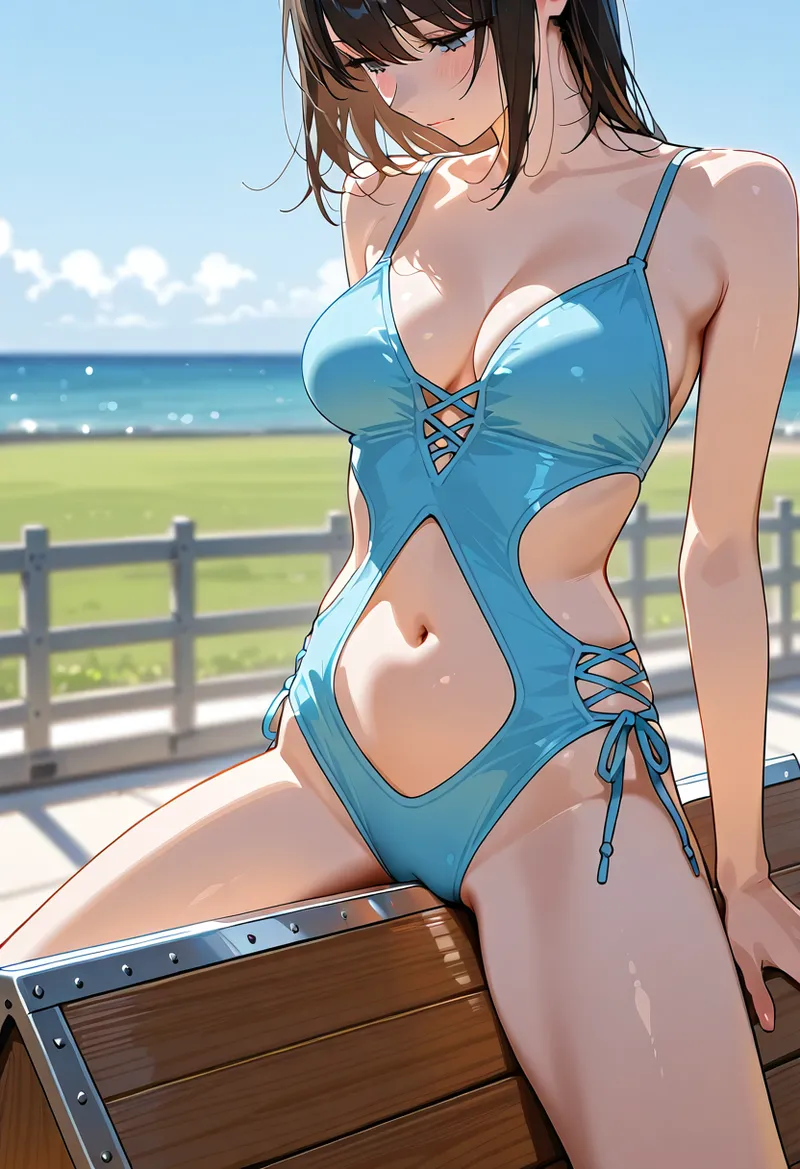 爽やかな海を背景に、青いワンピース水着を身にまとった美少女が木製のデッキで優雅にポーズをとっています。明るい晴天と海風になびく長い黒髪が印象的な夏のアニメ調イラストです。