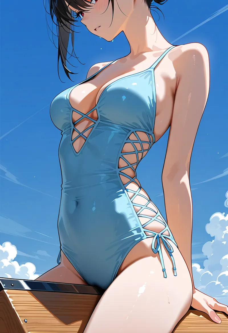 水色のワンピースを身に纏った美少女が、雲ひとつない青空を背景に優しい表情で佇む。光と影の表現が豊かなアニメ調イラストで、爽やかな屋外シーンが活き活きと描かれています。