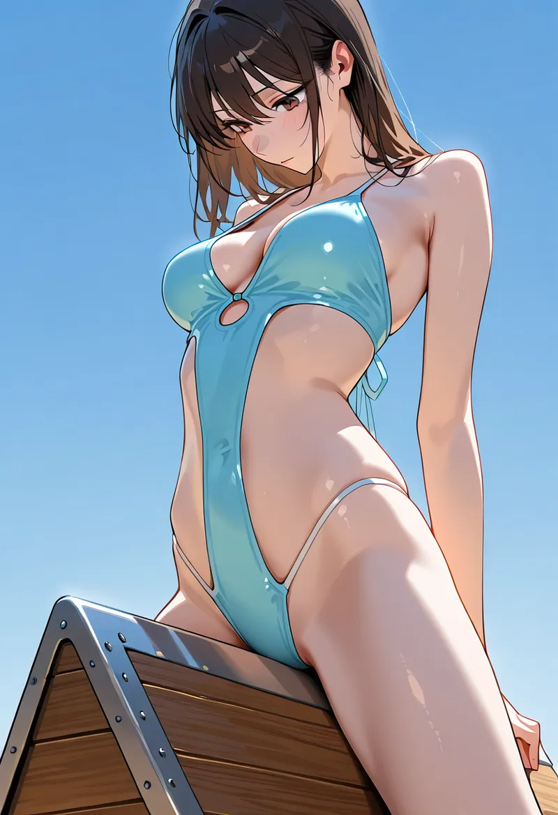 澄んだ青い空を背景に、黒髪が風になびく美少女のポートレート。爽やかで透明感のある構図で、晴れやかな表情が印象的なAI生成イラストです。