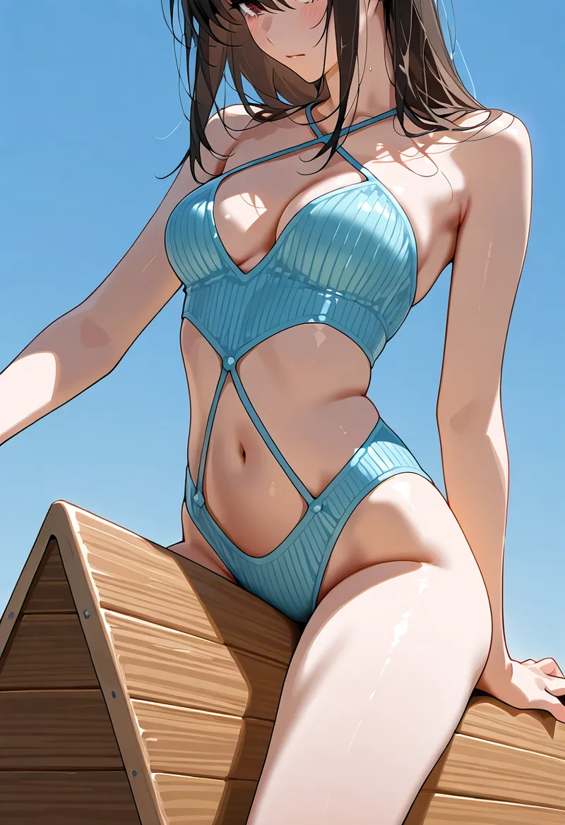 澄んだ青空を背景に、青いリブ素材の水着を身につけた美少女のアニメ調イラストです。木製のデッキに座るポーズで、柔らかな日差しが肌に当たる夏らしい一枚。