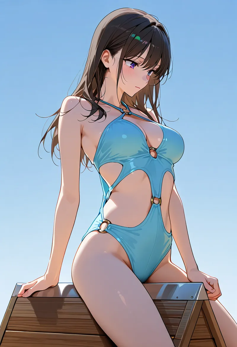 澄み渡る青空を背景に、黒髪ロングの少女がこちらを振り返る瞬間を捉えたアニメ調イラストです。爽やかな青色のワンピース姿で、優しい表情と自然な構図が印象的な作品。