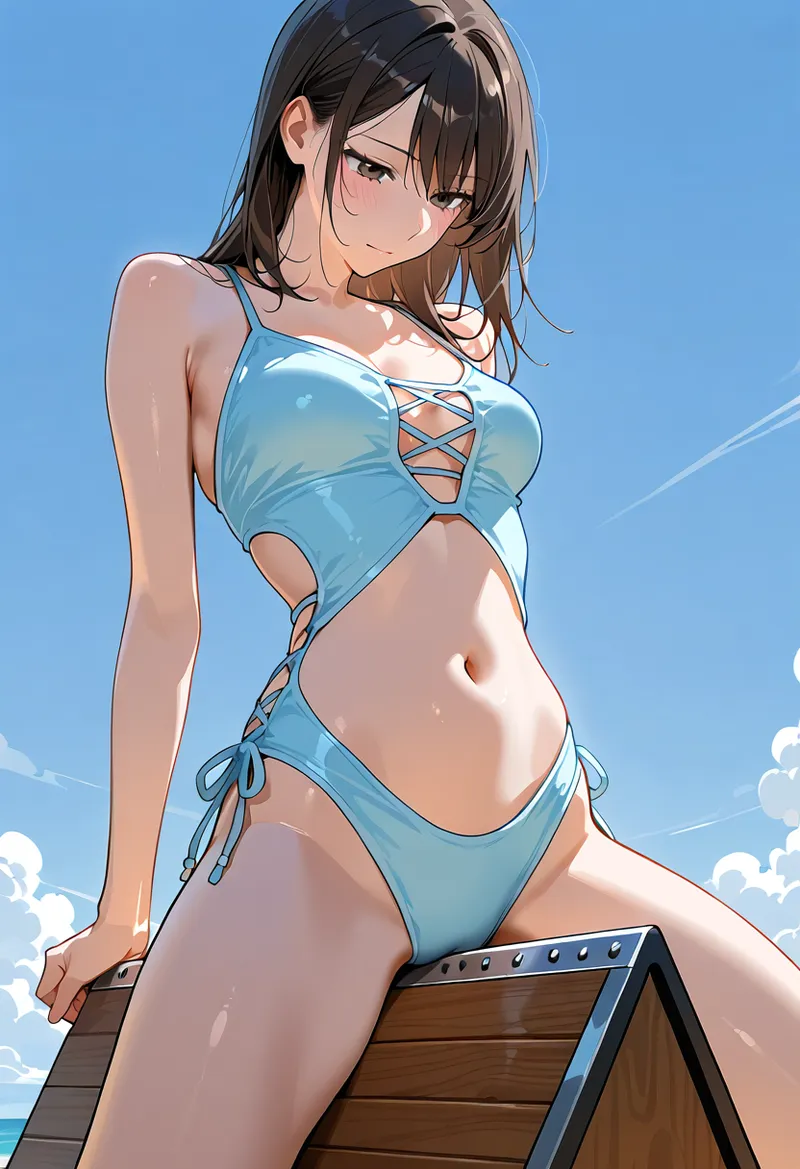 澄み渡った青空を背景に、黒髪の美少女が爽やかな笑顔を見せるアニメ調イラストです。青のビキニトップを身につけた屋外ポートレートで、透明感のある肌と清涼感のある色彩表現が特徴的な作品です。
