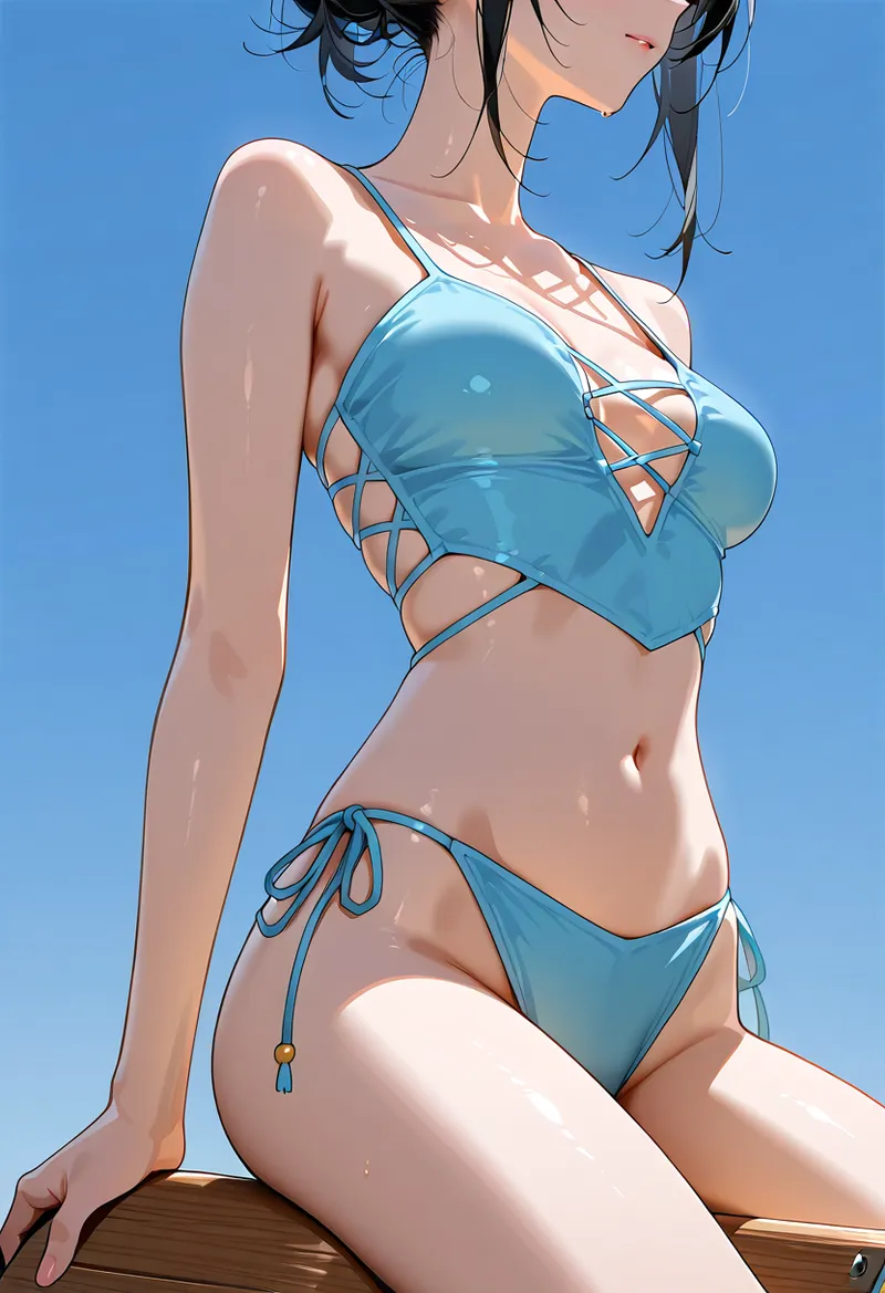明るい青空を背景に、涼しげなターコイズブルーの水着を身につけた美少女のポートレート。柔らかな日差しが肌に映り、夏の開放感あふれる表情が印象的なアニメイラストです。