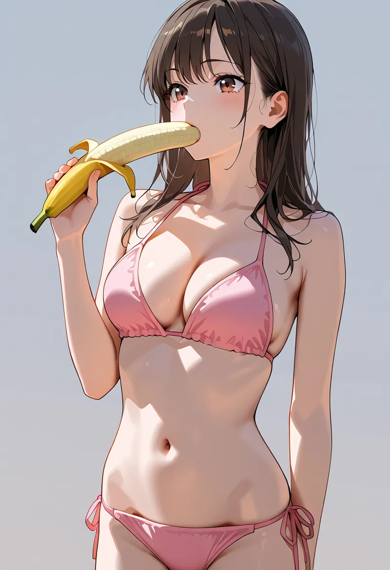 濃い茶髪にサイドバング、赤い瞳が印象的な美少女が、ピンク色の水着姿でバナナを片手に持ち、柔らかい笑顔を見せています。清涼感のあるアニメ調のポートレートです。