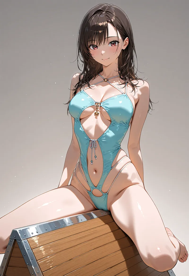 黒髪の美少女がアニメ調のタッチで描かれた作品です。明るいグレーの背景に、爽やかな青色のワンピースを身にまとった優しい表情の女性が、木製の樽に座る姿が印象的です。