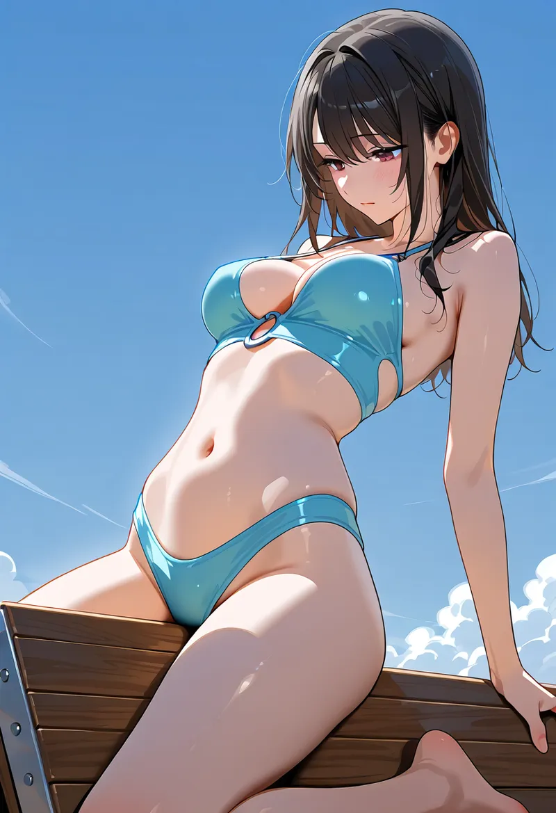 澄み渡った青空を背景に、木製のボートの上でくつろぐ黒髪の美少女を描いたアニメ調イラストです。爽やかな色彩と光の描写が特徴的な屋外シーン。