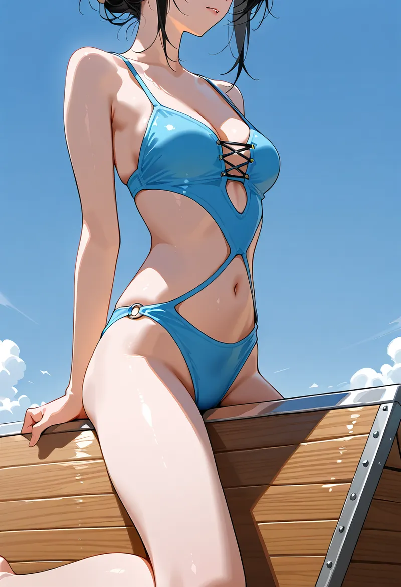 澄み渡った青空とビーチの背景で、爽やかな印象の水着をまとった少女が木製デッキに佇んでいます。黒髪をまとめたポートレートで、夏らしい明るい雰囲気が漂っています。