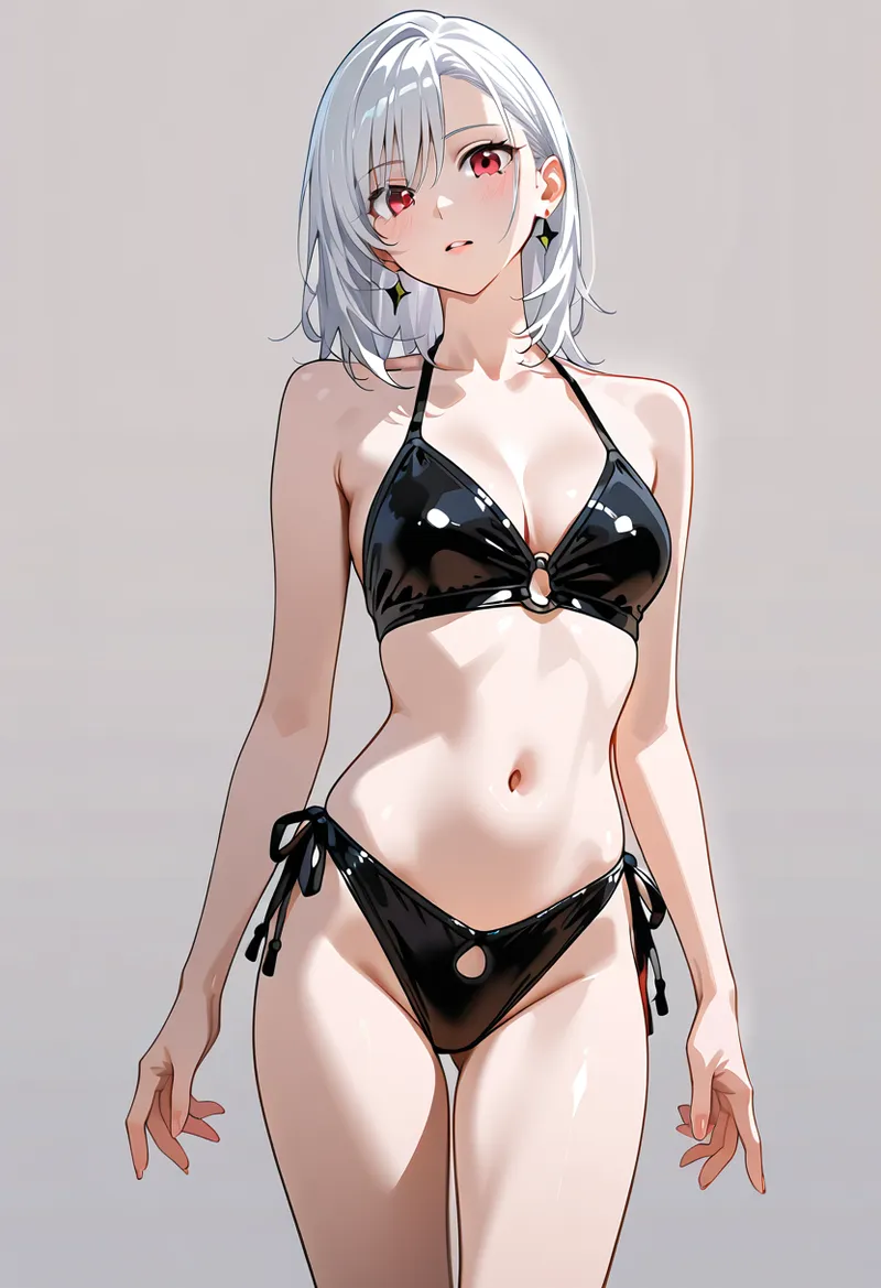 銀白色の柔らかなウェーブヘアと深紅の瞳が印象的な美少女のグラビアイラストです。黒光りする水着姿で、洗練された立ち姿と穏やかな表情が優雅な雰囲気を醸し出しています。