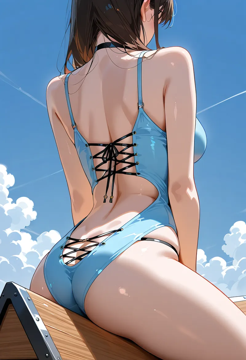 青く晴れた空と白い雲を背景に、黒髪の女性が水着姿で佇むアニメ調のイラストです。爽やかな夏の風景を切り取った一枚。