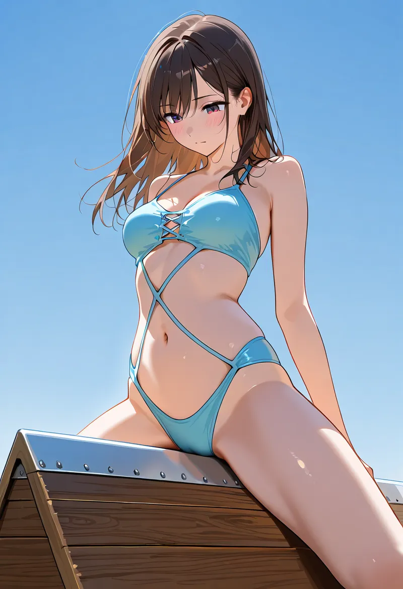 清潔感あふれる表情と、澄んだ青い空を背景にした夏らしいイラストです。自然な光と色彩表現で描かれた屋外シーンの美少女像。