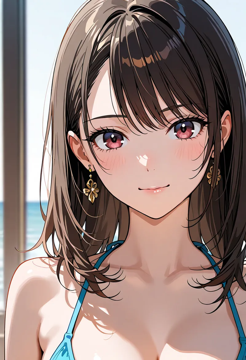 黒髪の姫カットに前髪を流した美少女が、柔らかい笑顔を浮かべるアニメ調のポートレート。金色のピアスと青色のストラップが華やかさを添え、背景に海が見える爽やかな構図です。