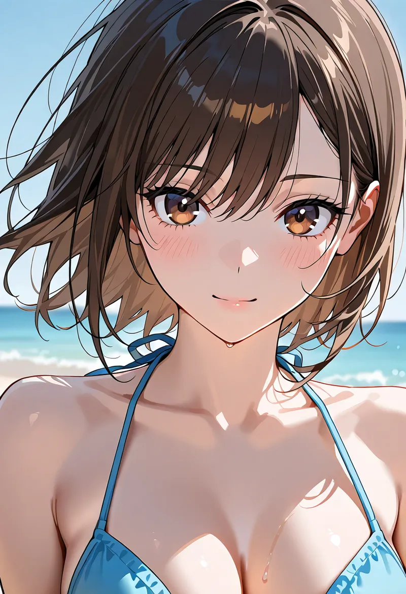 海を背景に爽やかな表情で微笑む茶髪の美少女が、青い水着姿でこちらを見つめています。柔らかい光が肌を照らし、風になびく髪の流動感が印象的なアニメ調イラストです。