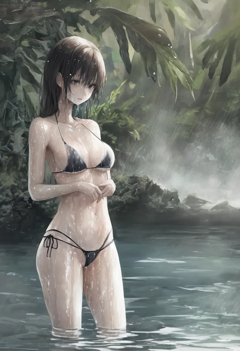 薄暗い森林に囲まれた水辺で、黒髪の少女が静かに立っています。降る雨に濡れた肌が光を反射し、緑の植生と水面が作る神秘的な空間が印象的です。