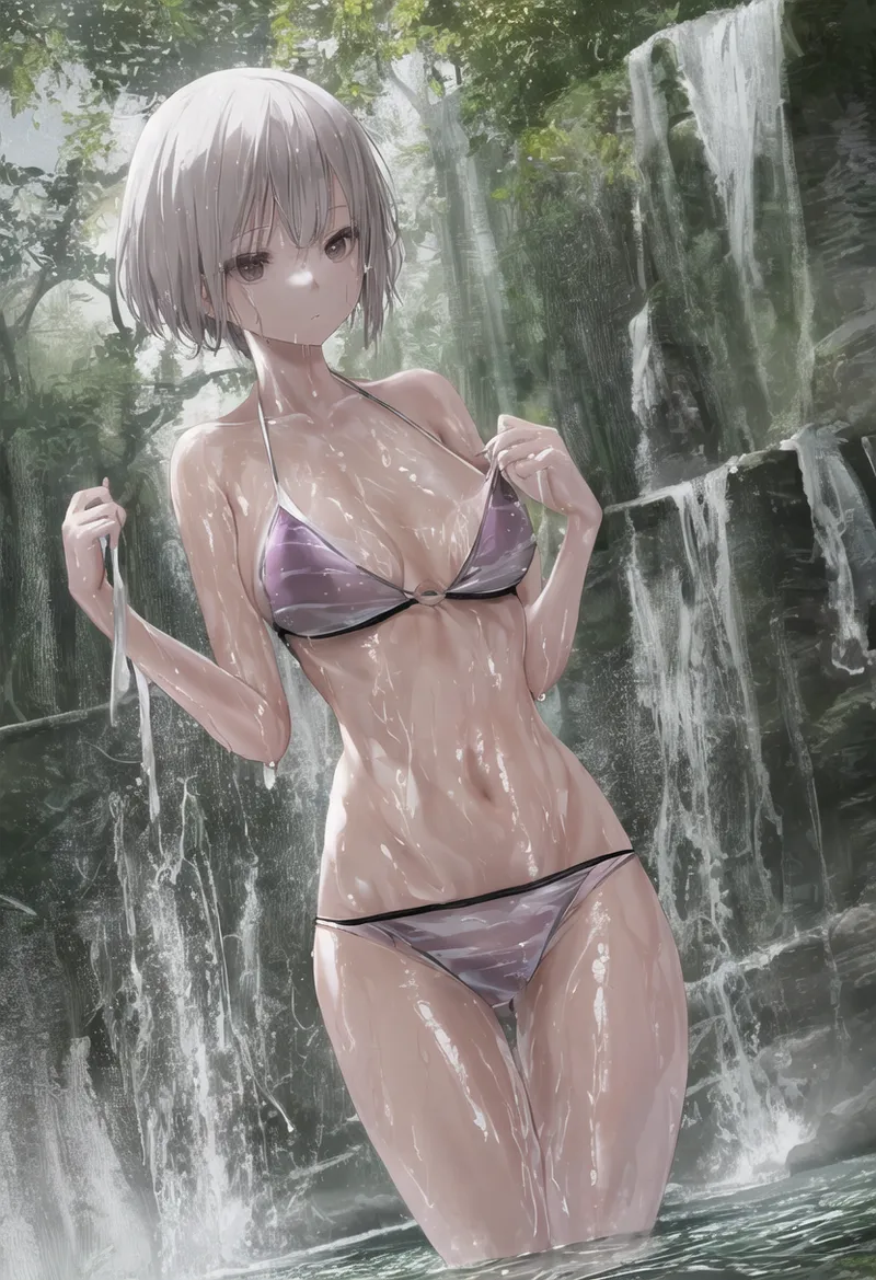 豊かな緑に囲まれた滝の前で、紫色の水着姿で佇む白髪の少女を描いたアニメ調イラストです。清涼感あふれる水しぶきが画面全体に映り込み、夏の爽やかな雰囲気を表現しています。