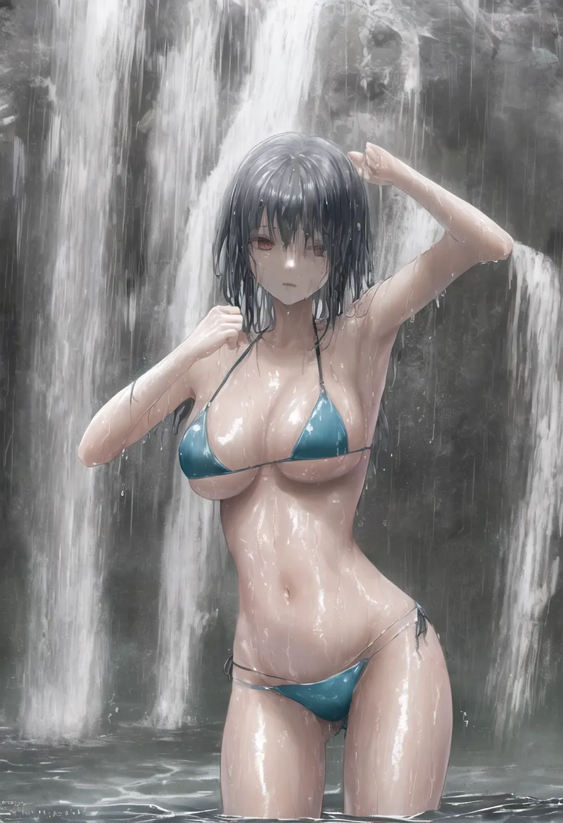 雄大な滝を背景に、清涼感あふれる水中での一瞬を描いたアニメ調イラストです。黒髪の美少女が青いビキニ水着で身体に流れ落ちる水しぶきを浴びながら、穏やかな表情で髪に手をやる姿が印象的。自然の力強さと涼しさが融合した夏の風情を感じさせます。