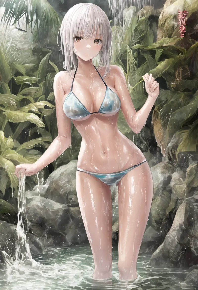 翠色の植物に囲まれた滝壺で、銀髪の美少女が水しぶきを浴びながら涼しげな表情を見せるアニメ調のイラストです。夏の清涼感あふれる情景が描かれています。