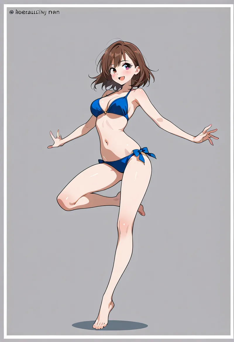 ショートヘアの美少女が紺色の水着姿で爽やかな笑顔を見せるアニメ調イラストです。グレーの背景に映える夏らしい一枚で、躍動感のある構図が特徴的です。