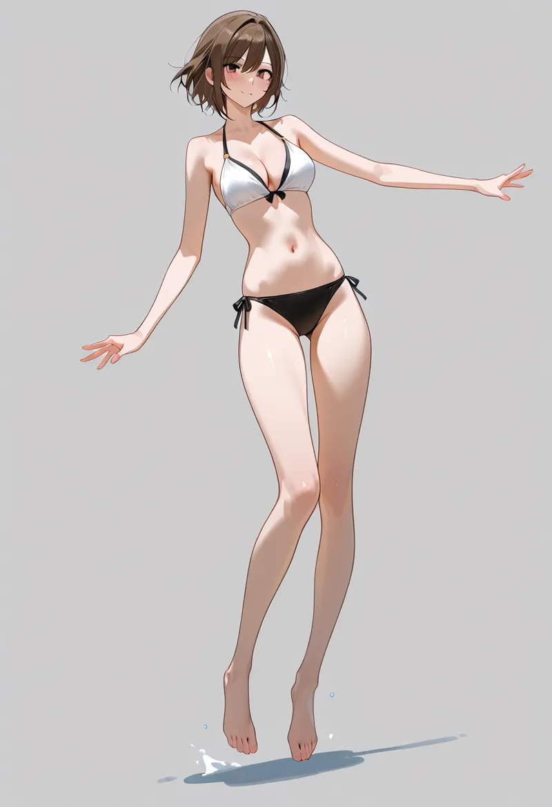 茶髪のショートヘアに白と黒のビキニを身につけた美少女のアニメ調イラストです。両腕を広げた躍動的なポーズと、グラデーション背景が立体感を引き出す清涼な一枚。