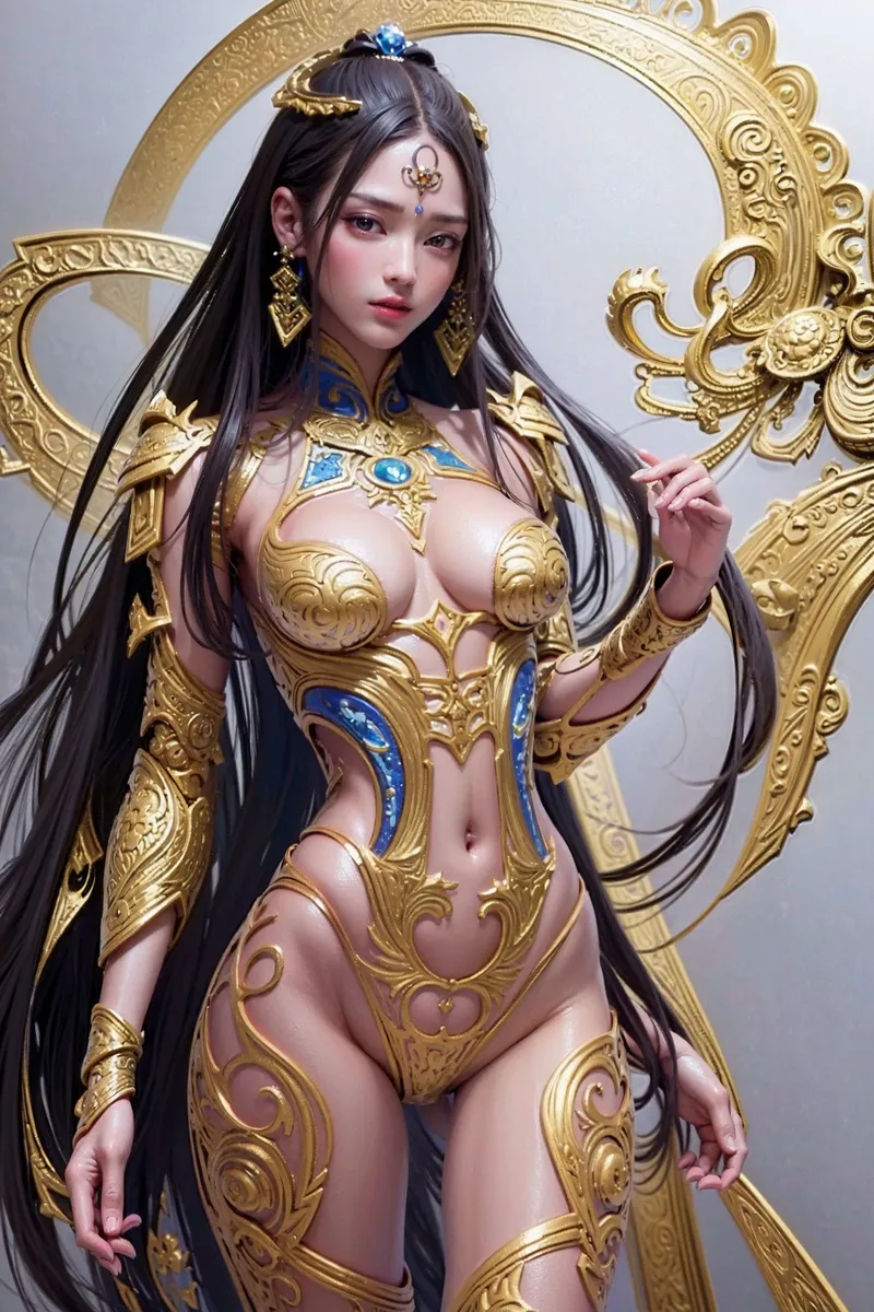 黒髪長髪に青い宝石をあしらった優雅な女性が、精緻な金色の装甲と装飾的な背景フレームに包まれた神秘的なイラストです。東洋的な美しさと高級感あふれる一枚。