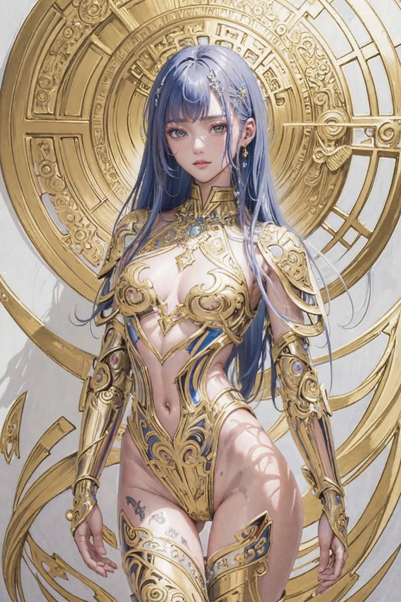 紫紺の長髪に金色の装飾品を添えた美少女が、精密に細工された黄金の鎧を纏った幻想的な姿で佇んでいます。背景には荘厳な円形の文様が光り、神聖で高貴な雰囲気を演出しています。