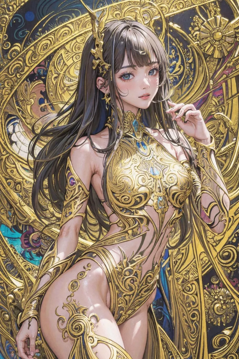 黒髪に前髪がかかった涼し気な表情の少女が、豪華な金色の古典紋様を背景に優雅に佇んでいます。青紫の色彩が織り交ぜられた装飾的な背景が、整った顔立ちと柔らかな印象を引き立てています。