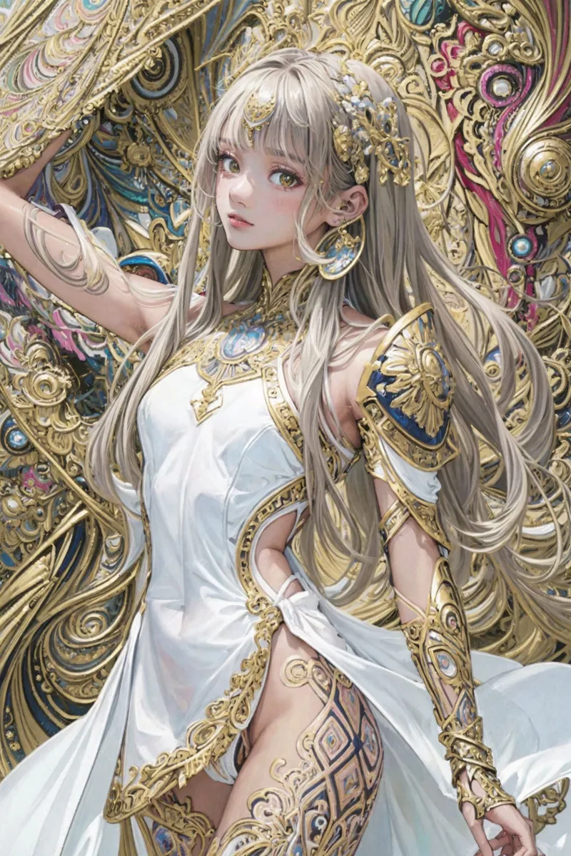 白い衣装に金色の装飾を纏った長髪の美少女が、豪華な幾何学模様の背景の前で優美な姿勢を見せる。東洋的な気品漂う花飾りと瞳の輝きが、神秘的で上品な雰囲気を引き出しています。