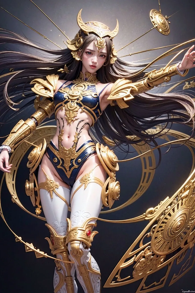 黒い長髪になびかせ、金色の装甲を身に纏った戦姫のポートレート。牛の角を模した兜と豪奢な装飾品で構成された甲冑が、神秘的で優雅な雰囲気を醸し出しています。