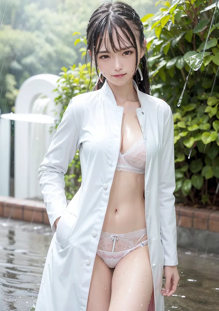 白いシャツが雨に濡れる屋外の庭園で、清潔感あふれる表情で佇む美少女です。みずみずしい自然光と背景の緑に包まれた、儚く端正なポートレート作品です。