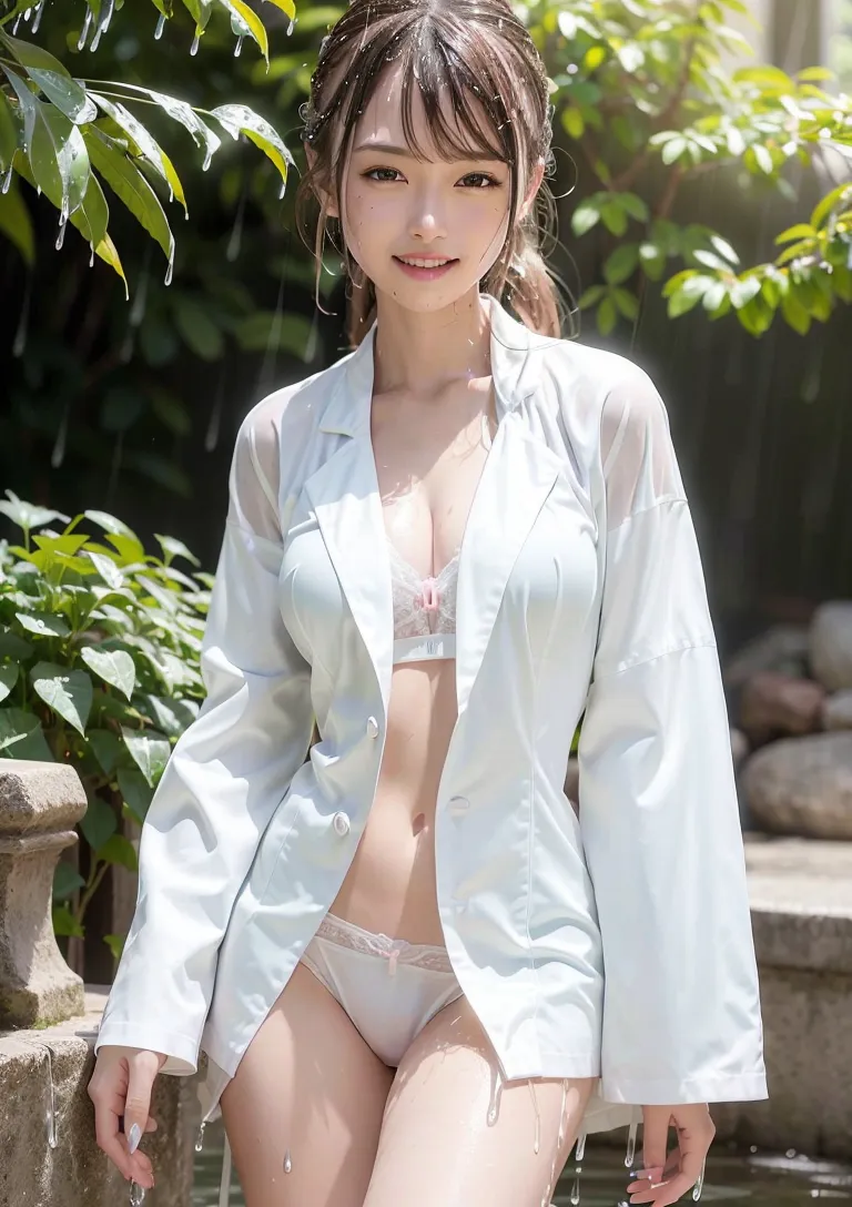 庭園の自然光の中で、白いシャツを身につけた美少女が優しく微笑む。降り注ぐ陽光と緑の葉が背景に映り込み、清潔感あふれる爽やかな表情が印象的です。