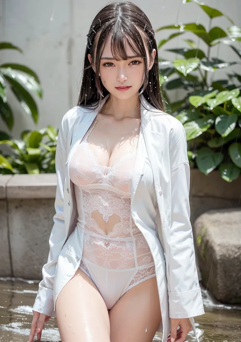 爽やかな白いシャツを羽織った美少女が、緑に囲まれた空間でカメラを見つめています。洗練された印象と優雅な雰囲気が特徴的なAIイラスト作品です。