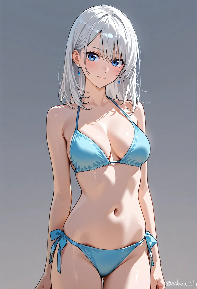 透き通るような青いビキニを身につけた白髪の美少女イラストです。涼し気な瞳と柔らかな笑顔が印象的で、グレーの背景に引き立つアニメ調のポートレート作品です。