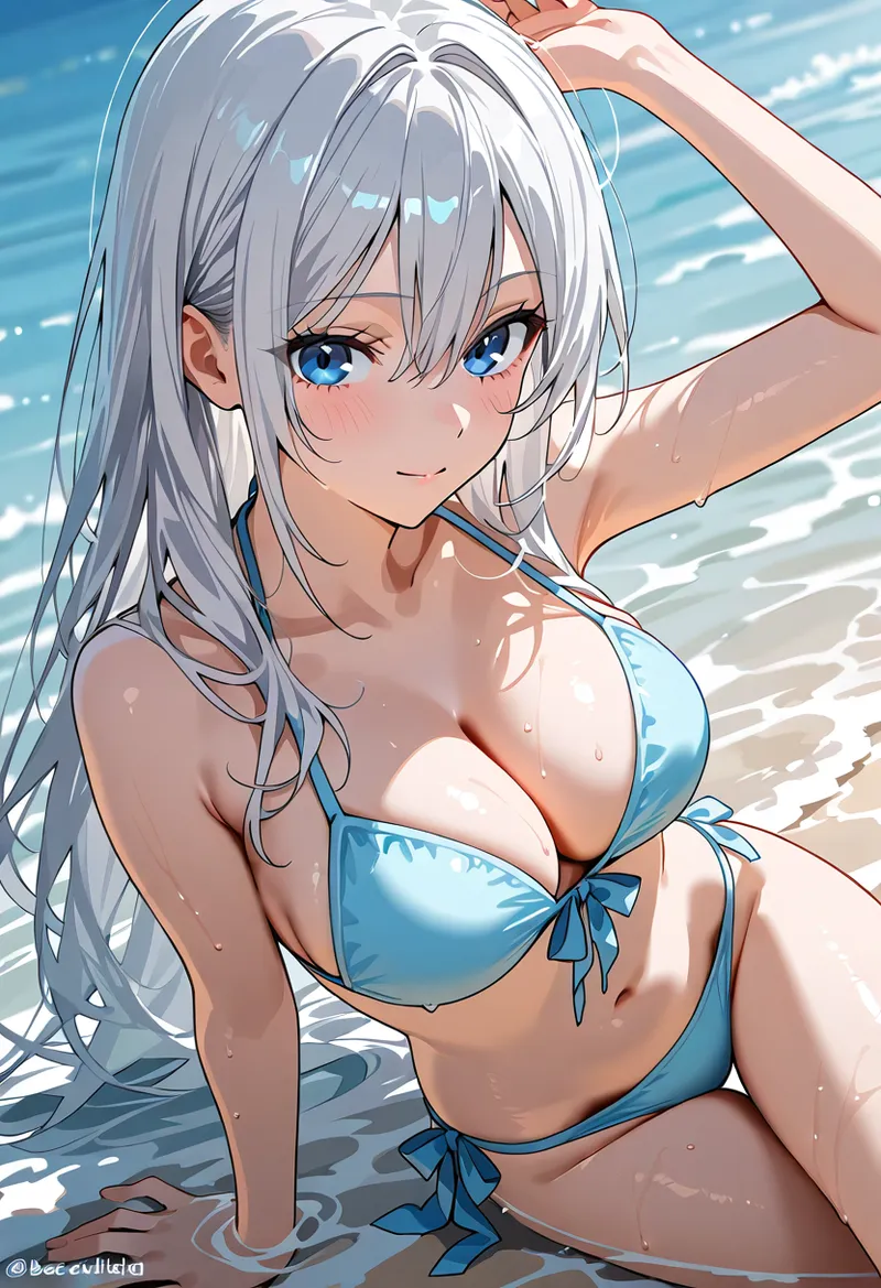 白く長い髪と青い瞳が特徴的な美少女が、青いビキニ姿で海辺に佇むアニメ調のイラストです。爽やかな海の背景と水しぶきの光が、夏の開放感を表現した一枚。