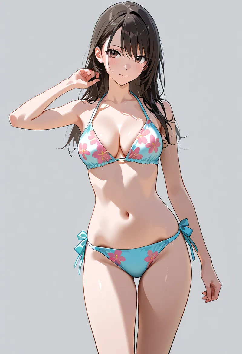 ターコイズブルーの花柄ビキニを身に纏った黒髪の美少女が、落ち着いた灰色背景で優雅なポーズを取るアニメ調イラストです。柔らかい光と影で立体的に描写された女性らしいフォルムが魅力的な作品です。