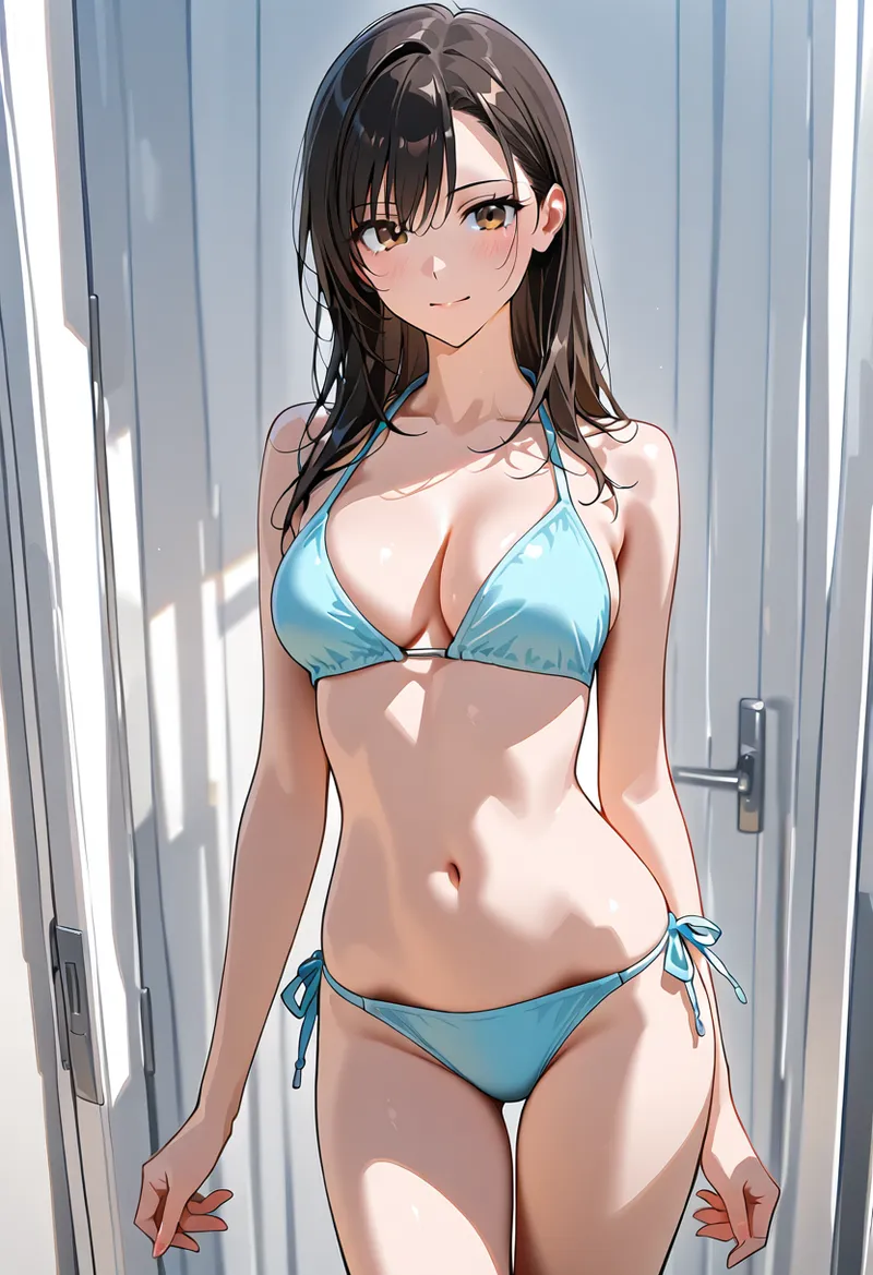 黒髪をなびかせた美少女が、爽やかな青のビキニで涼しげな表情を浮かべています。白い壁を背景にした明るい光の中で、夏らしい清涼感のあるアニメ調イラストです。