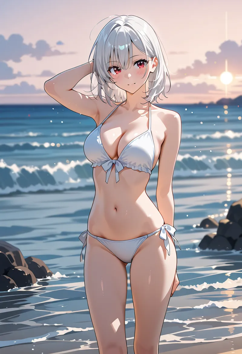 銀髪の美少女がビーチで白のビキニ姿で佇んでいます。夕焼けに染まる海と波が背景に広がり、柔らかな光が肌を照らす夏の風情あふれる一枚です。